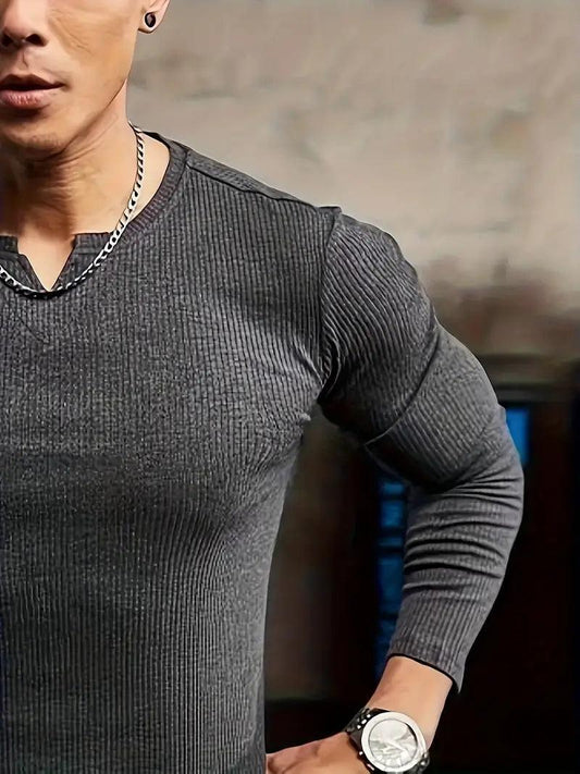 Cotton knitted Crew V-Shape long sleeves T-shirt (CHARCOAL)