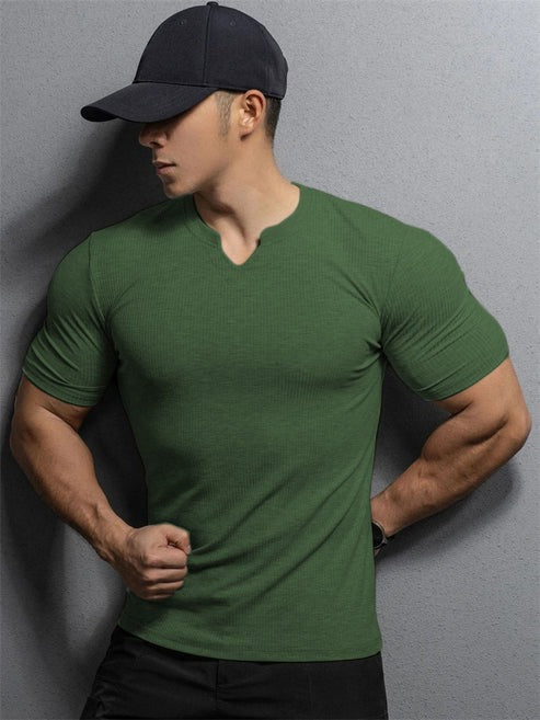 Cotton knitted Crew V-Shape T-shirt(olive green)