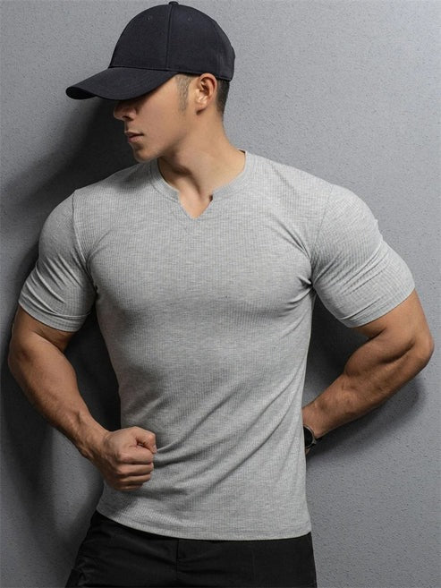 Cotton knitted Crew V-Shape T-shirt(hazil grey)