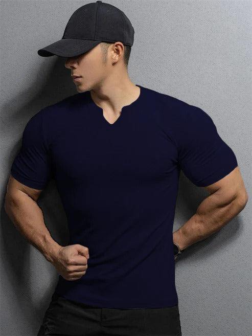 Cotton knitted Crew V-Shape T-shirt(Navy blue)