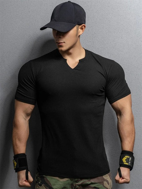 Cotton knitted Crew V-Shape T-shirt(Black)