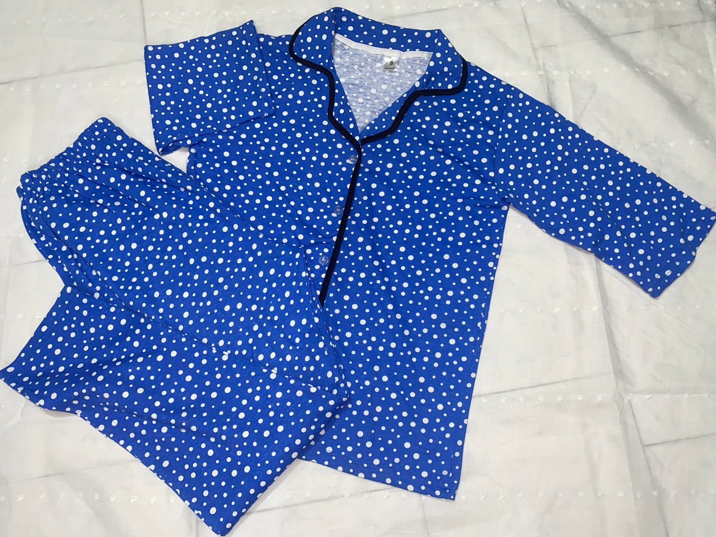 Blue Polka Dot Night wear PJs in quater sleeves