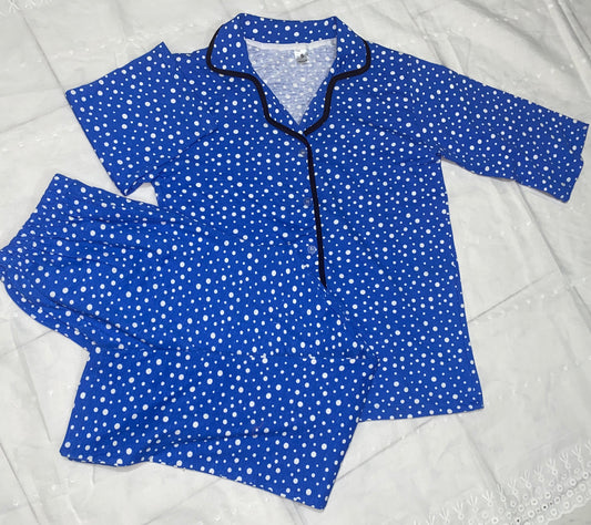 Blue Polka Dot Night wear PJs in quater sleeves