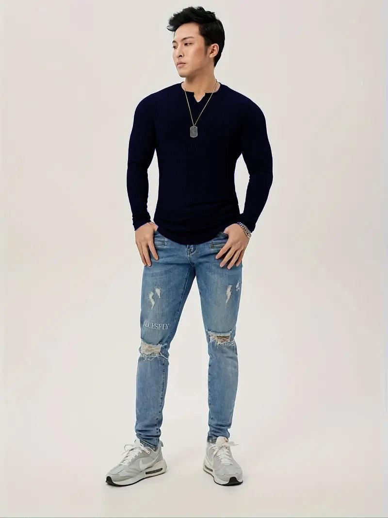 Cotton knitted Crew V-Shape long sleeves T-shirt (NAVY BLUE)