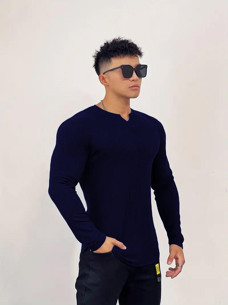 Cotton knitted Crew V-Shape long sleeves T-shirt (NAVY BLUE)