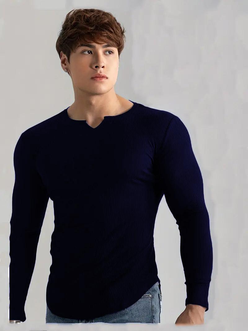 Cotton knitted Crew V-Shape long sleeves T-shirt (NAVY BLUE)