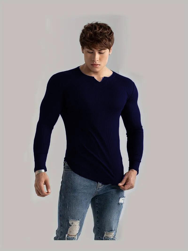 Cotton knitted Crew V-Shape long sleeves T-shirt (NAVY BLUE)