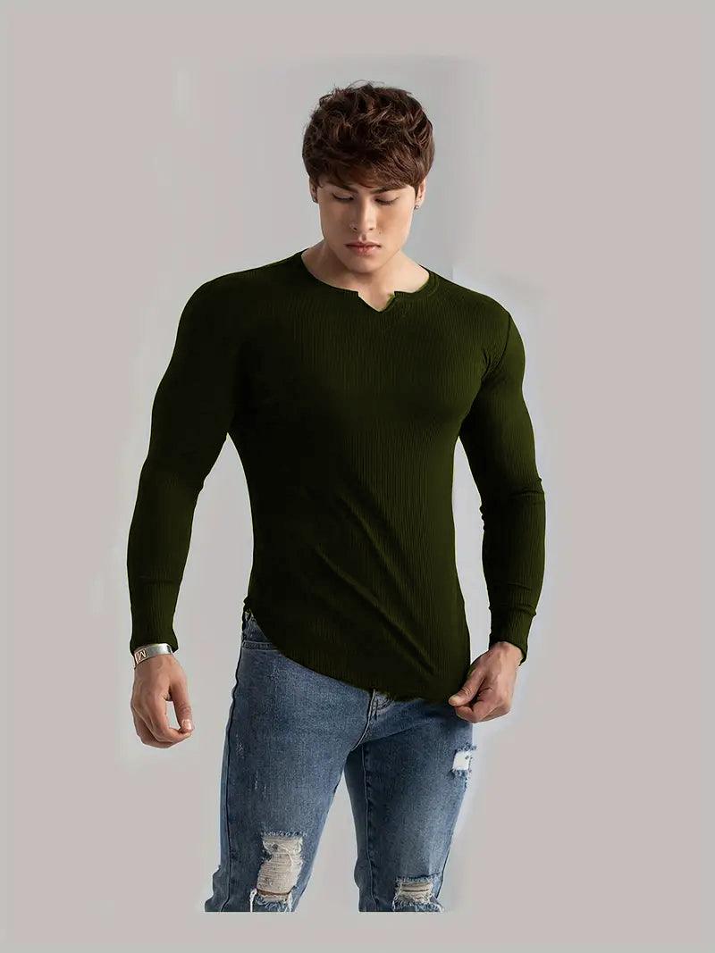 Cotton knitted Crew V-Shape long sleeves T-shirt (OLIVE GREEN)