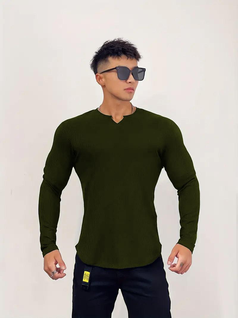 Cotton knitted Crew V-Shape long sleeves T-shirt (OLIVE GREEN)