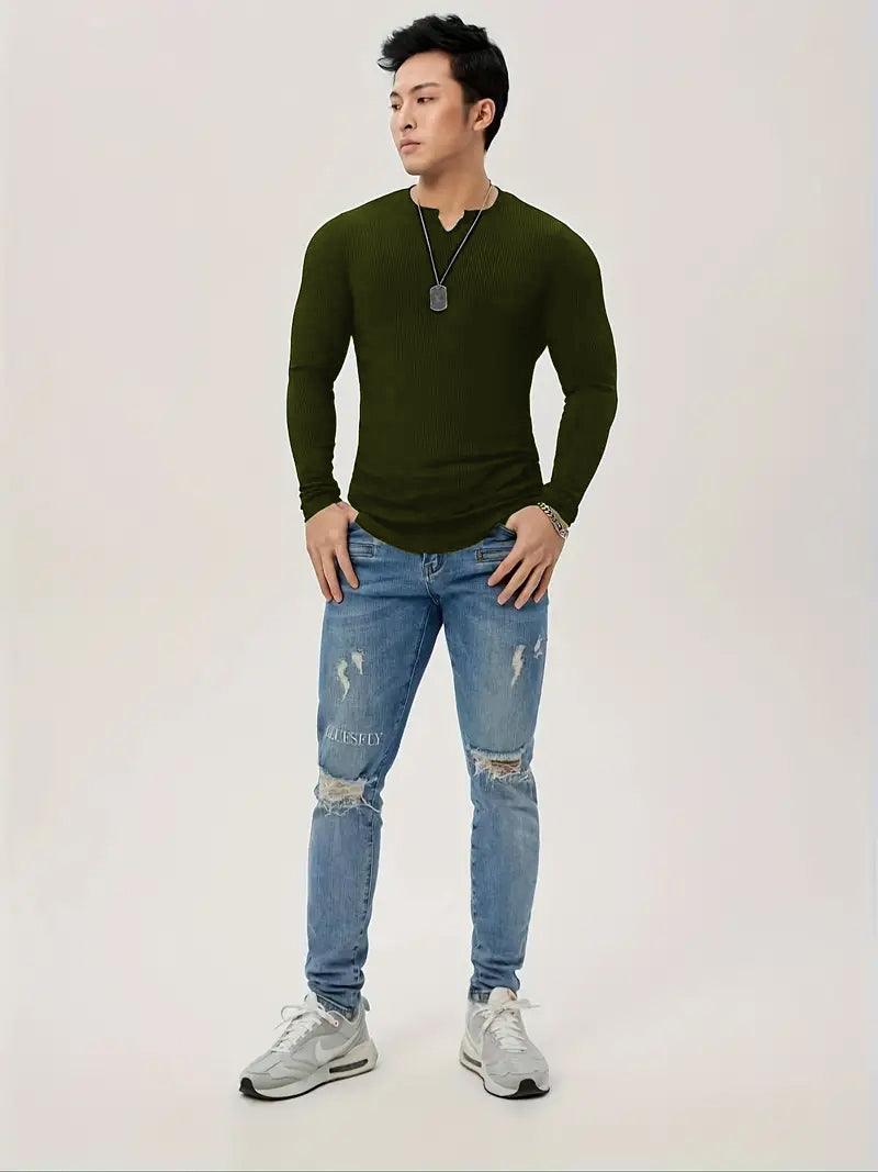 Cotton knitted Crew V-Shape long sleeves T-shirt (OLIVE GREEN)