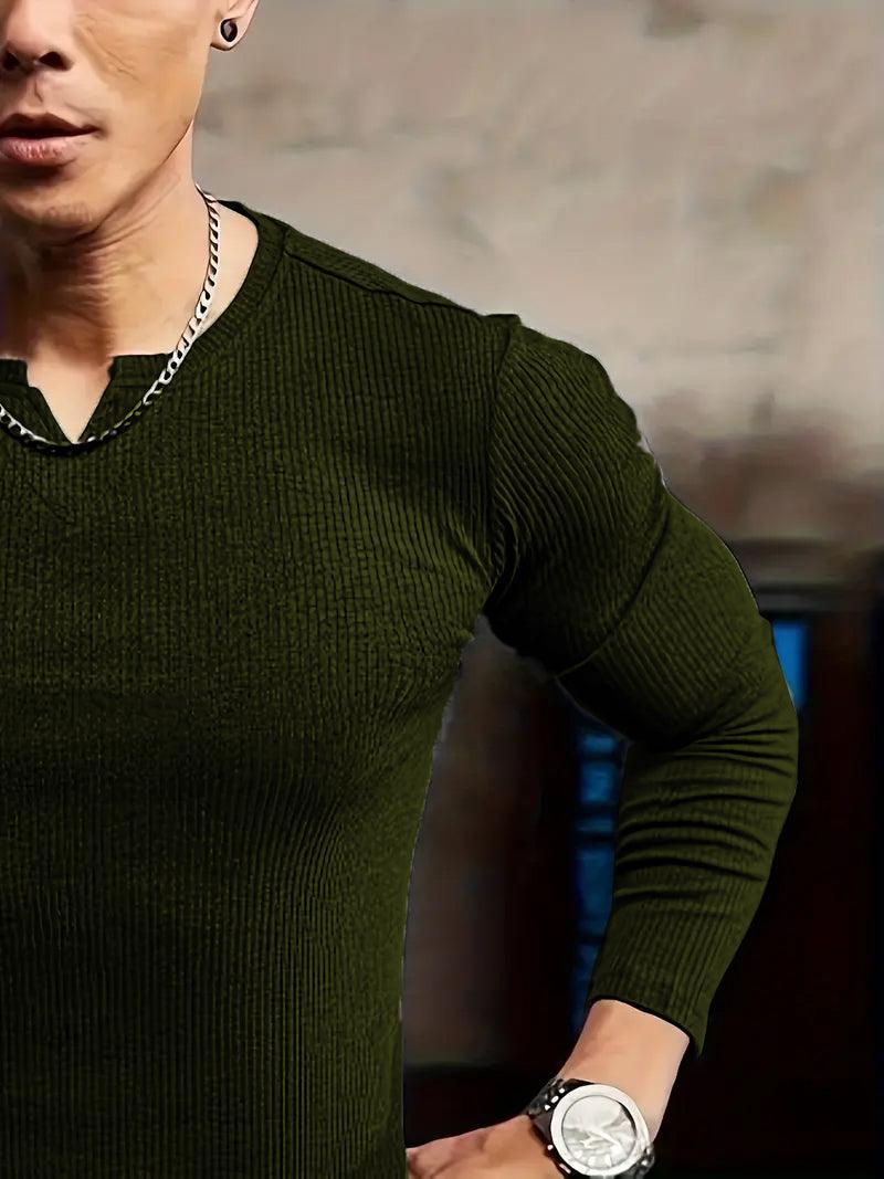 Cotton knitted Crew V-Shape long sleeves T-shirt (OLIVE GREEN)