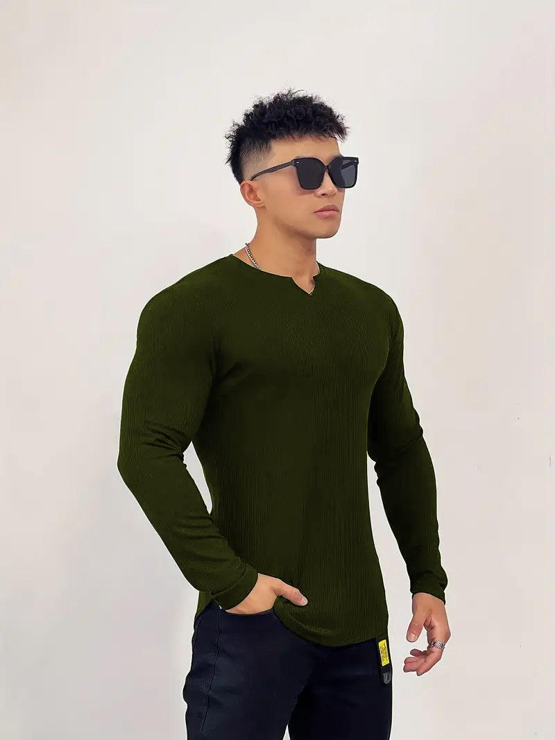 Cotton knitted Crew V-Shape long sleeves T-shirt (OLIVE GREEN)