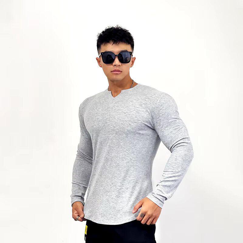 Cotton knitted Crew V-Shape long sleeves T-shirt (hazel grey)