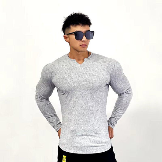 Cotton knitted Crew V-Shape long sleeves T-shirt (hazel grey)