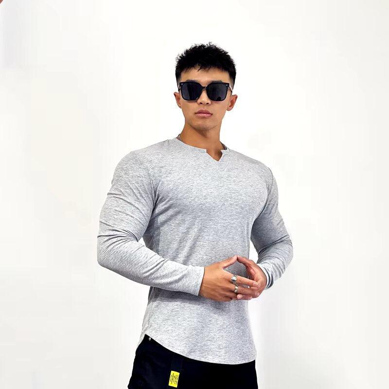 Cotton knitted Crew V-Shape long sleeves T-shirt (hazel grey)