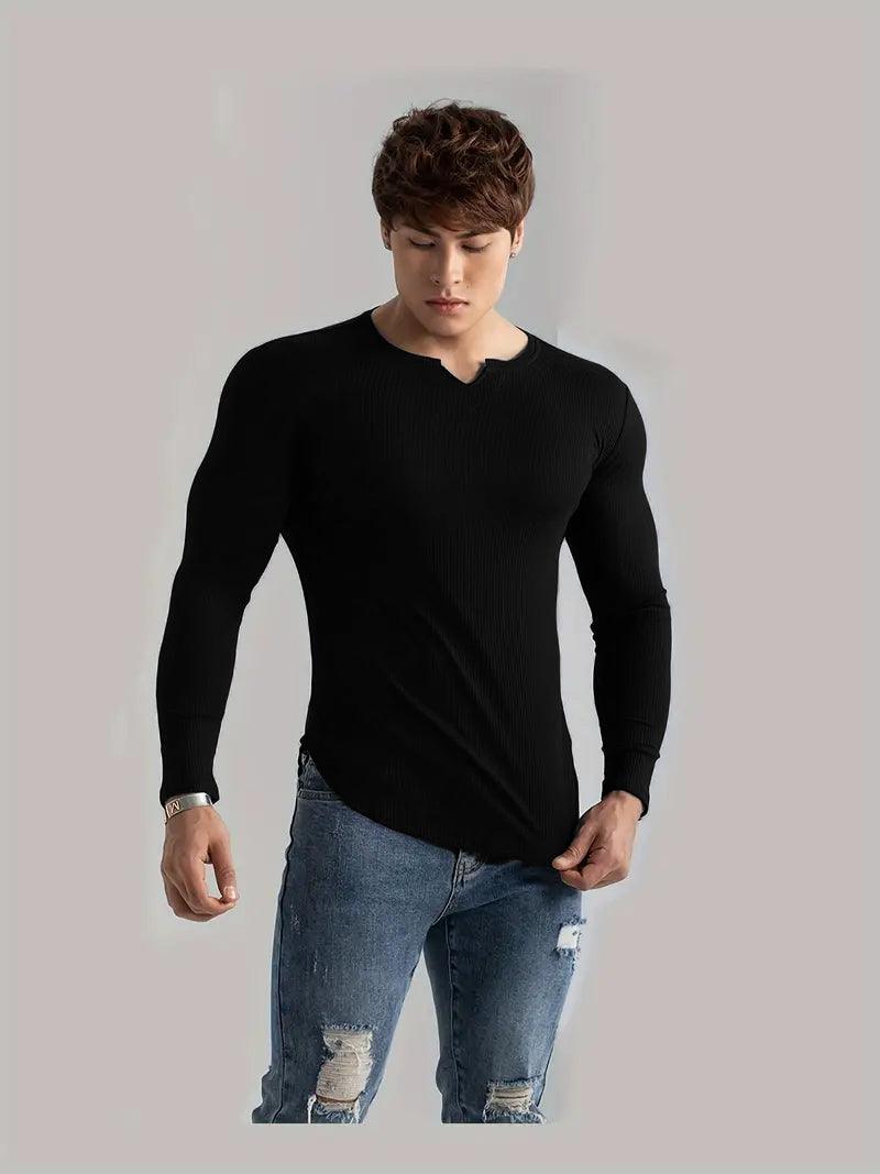 Cotton knitted Crew V-Shape long sleeves T-shirt (BLACK)