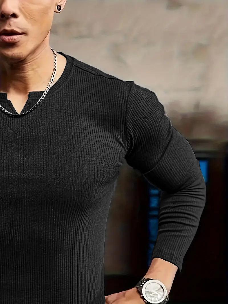 Cotton knitted Crew V-Shape long sleeves T-shirt (BLACK)