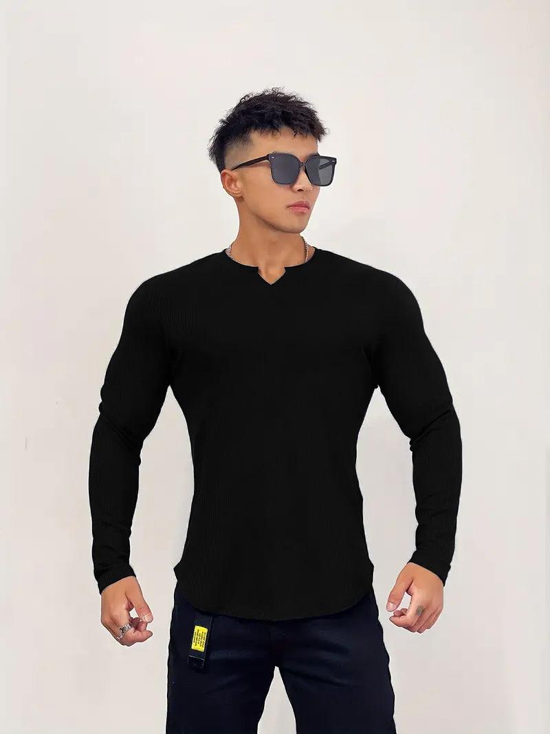 Cotton knitted Crew V-Shape long sleeves T-shirt (BLACK)