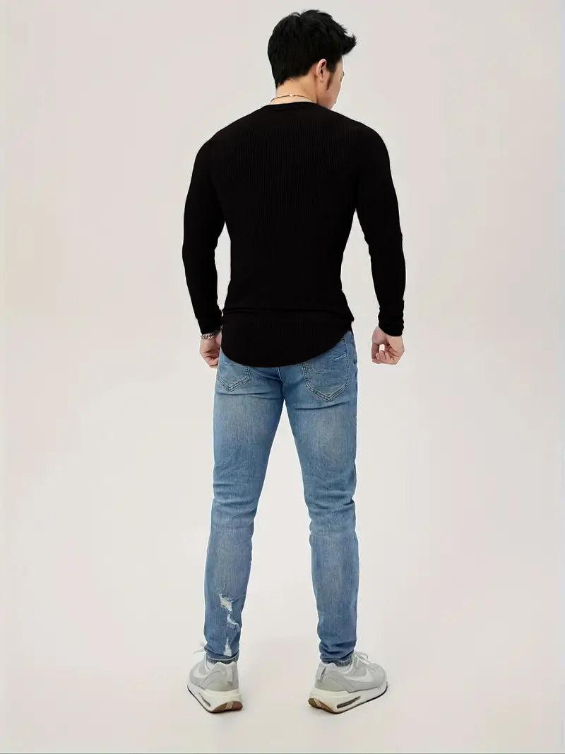 Cotton knitted Crew V-Shape long sleeves T-shirt (BLACK)