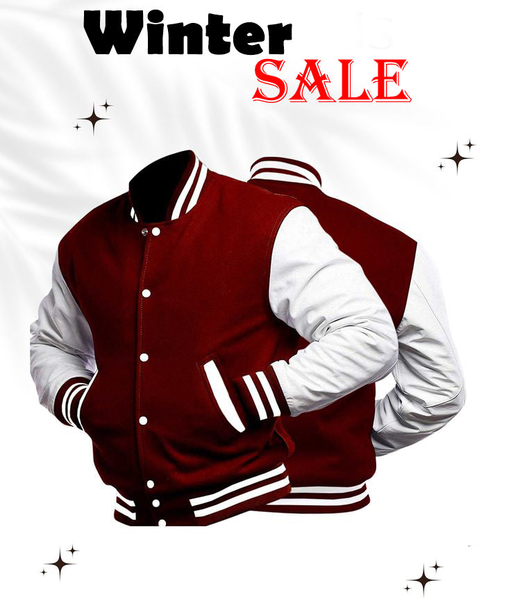 Winter Sale In Maroon And White Baseball Jacket - Premium Baseball Jacket from The Divine Shop - Just Rs.1999! Shop now at The Divine Shop