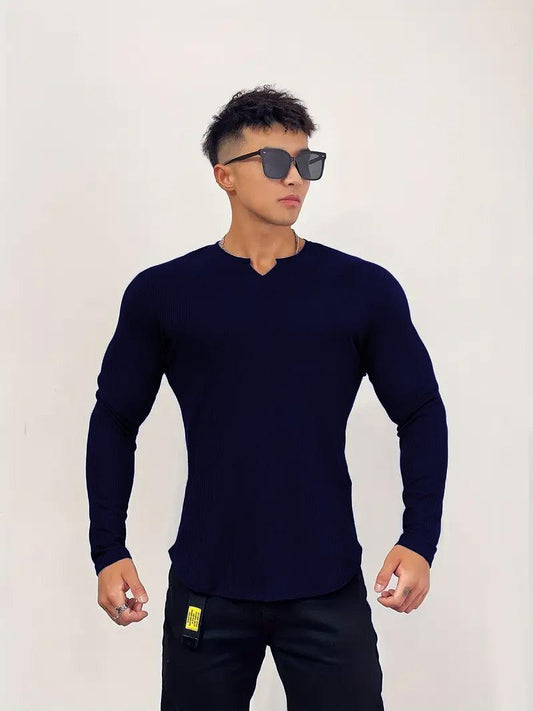 Cotton knitted Crew V-Shape long sleeves T-shirt (NAVY BLUE)