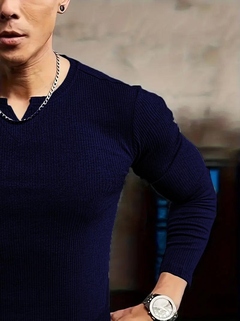 Cotton knitted Crew V-Shape long sleeves T-shirt (NAVY BLUE)