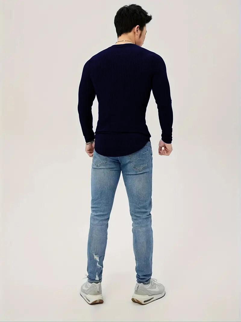 Cotton knitted Crew V-Shape long sleeves T-shirt (NAVY BLUE)